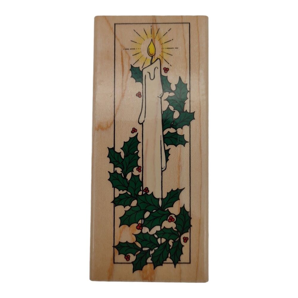 Hero Arts H216 Holiday Candle Rubber Stamp Wood Mounted Christmas Holly Design
